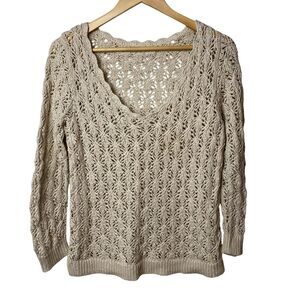 Women's Crochet Open Knit V-Neck Sweater Ivory 100% Cotton Boho (Gap Inc, Sz S)